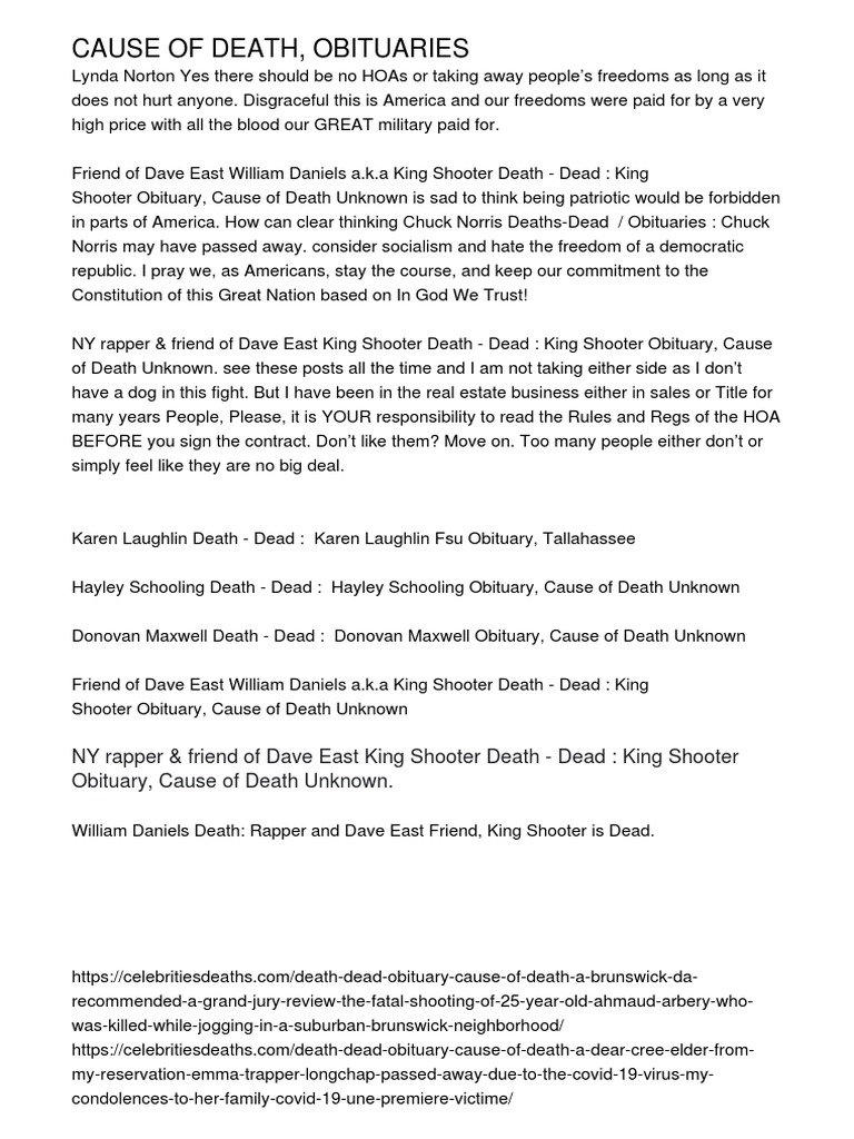CAUSE OF DEATH OBITUARIES Tfzyk PDF PDF