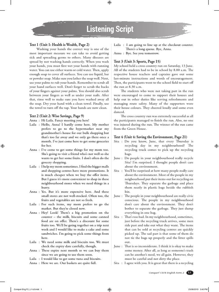 Conquer Eng F2 L1 L6 Pdf Grocery Store Hand Washing