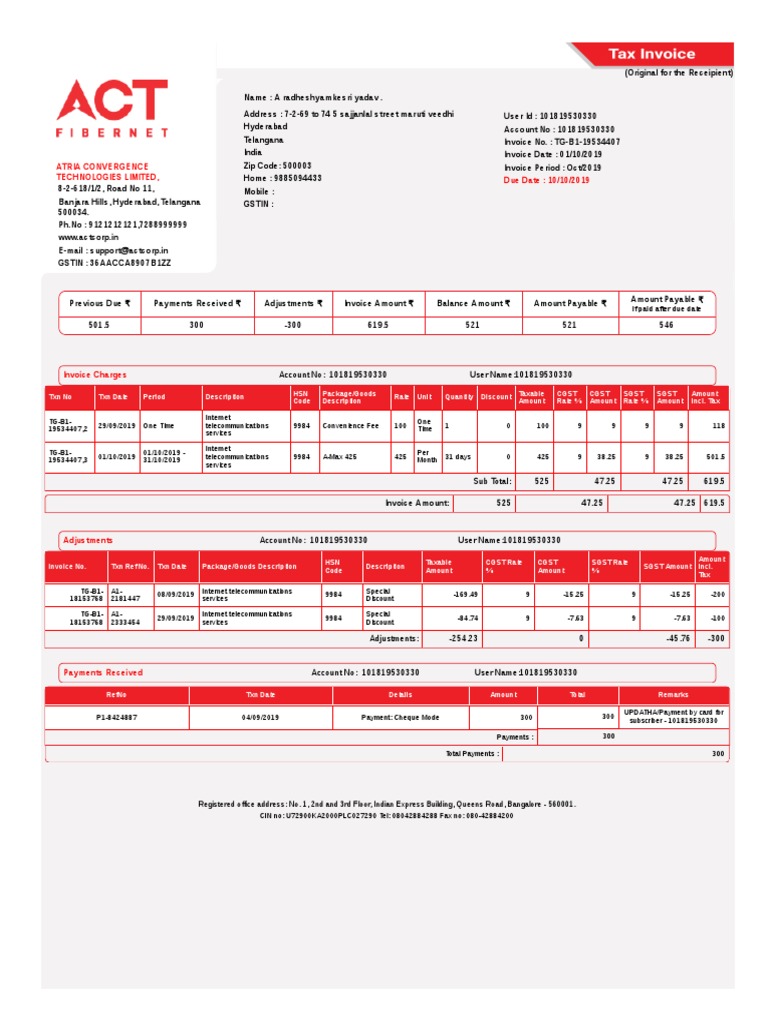 ACT Invoice for Internet Services | PDF | Payments | Invoice