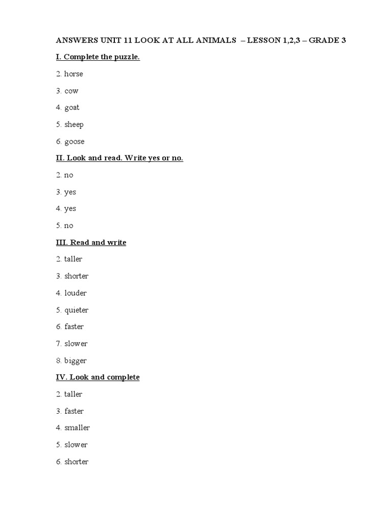 Đáp Án UNIT 11 Lesson 1,2,3 | PDF