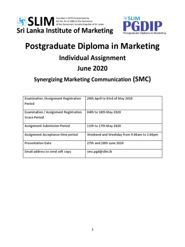 Postgraduate Diploma in Marketing Individual Assignment June 2020 (SMC