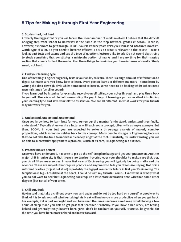 First Year Engineering Survival Tips | PDF | Engineering | Neuropsychology