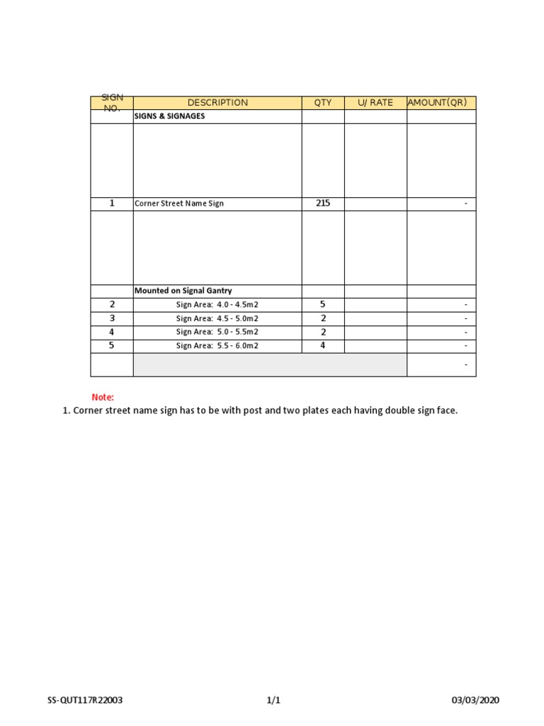 Description QTY U/ Rate Amount (QR) Sign NO.: Signs & Signages | PDF