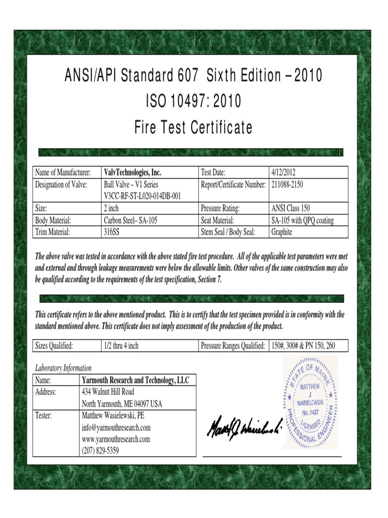 Fire Test Cert API 607 6th Ed 2in 150cls V1 Series Ball PDF | PDF ...