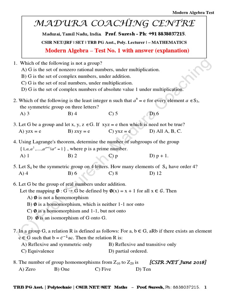 Modern Algebra Test Key Pdf Group Mathematics Field Mathematics