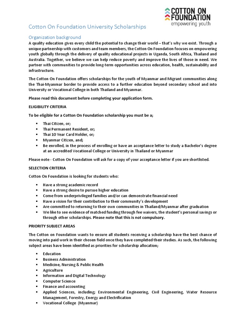 Cotton On Foundation Scholarships 2020 PDF Academic Degree College