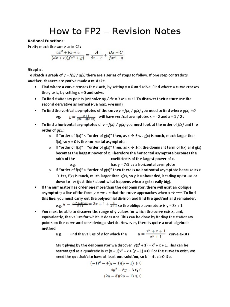 How To FP2 - Revision Notes: Rational Functions | Download Free PDF ...