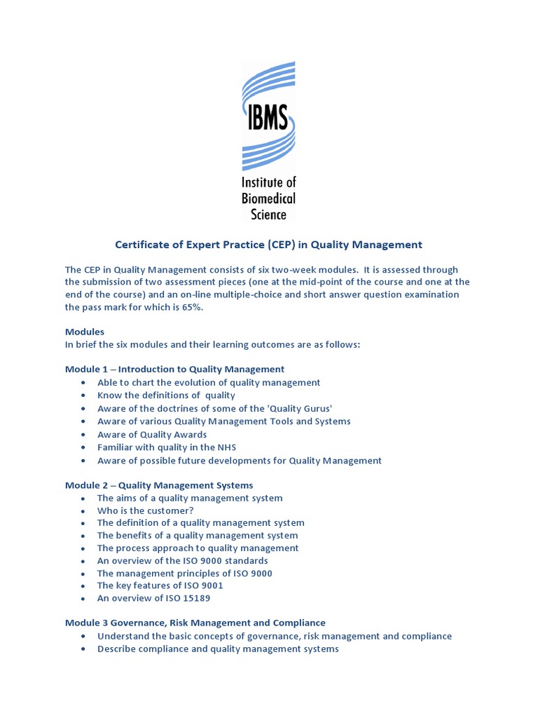 Certificate of Expert Practice (CEP) in Quality Management: Modules ...