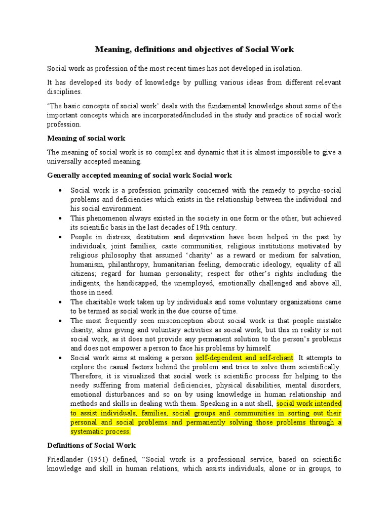 Meaning, Definitions and Objectives of Social Work | PDF | Social Work |  Welfare