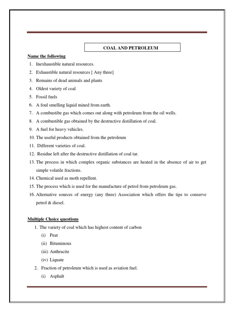 Class 8 Science Worksheet Coal and Petroleum Part A PDF