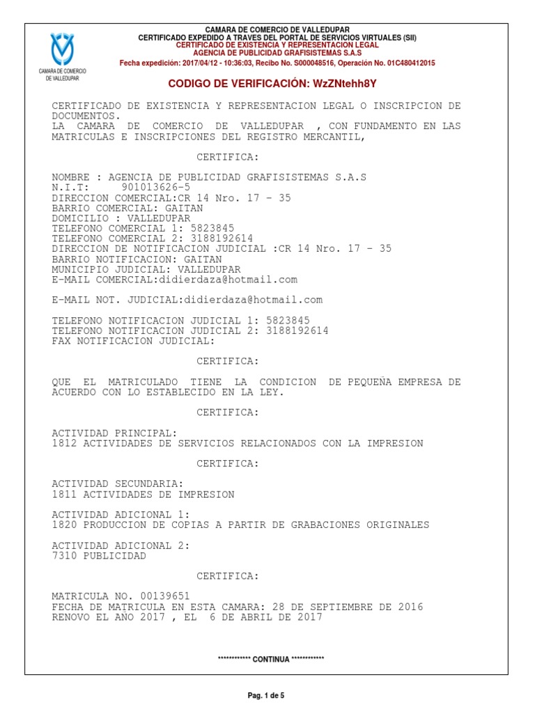Certificado Camara de Comercio Actualizado | PDF | Php | Diseño