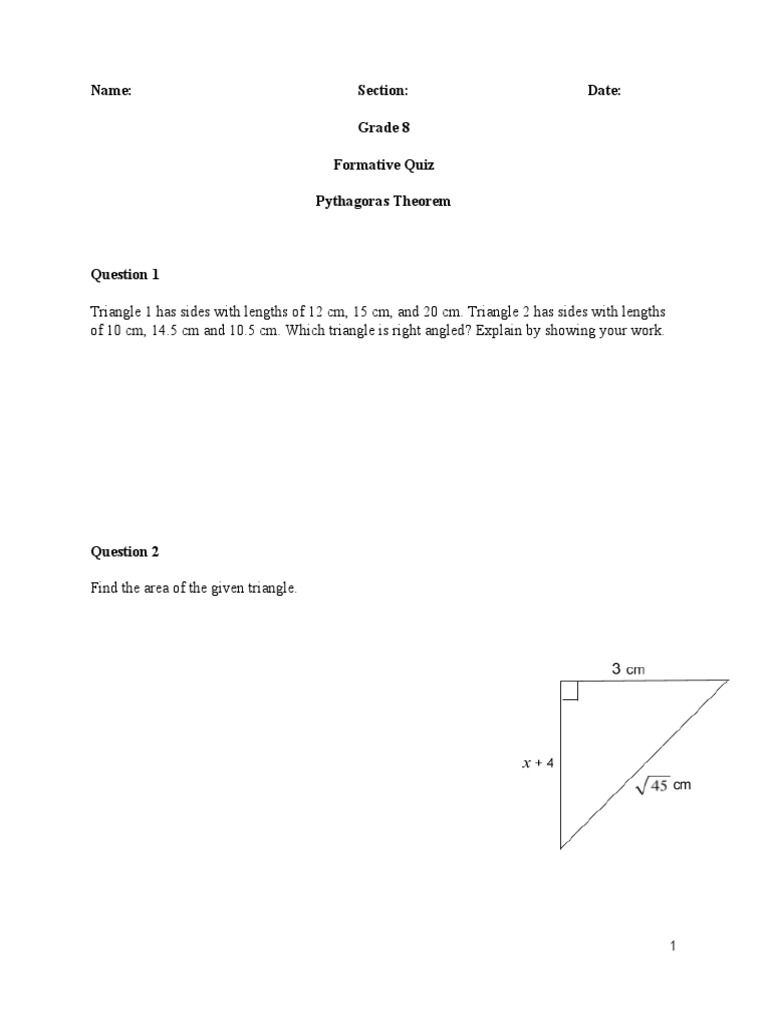 Name Section Date Grade 8 Formative Quiz Pythagoras Theorem Pdf