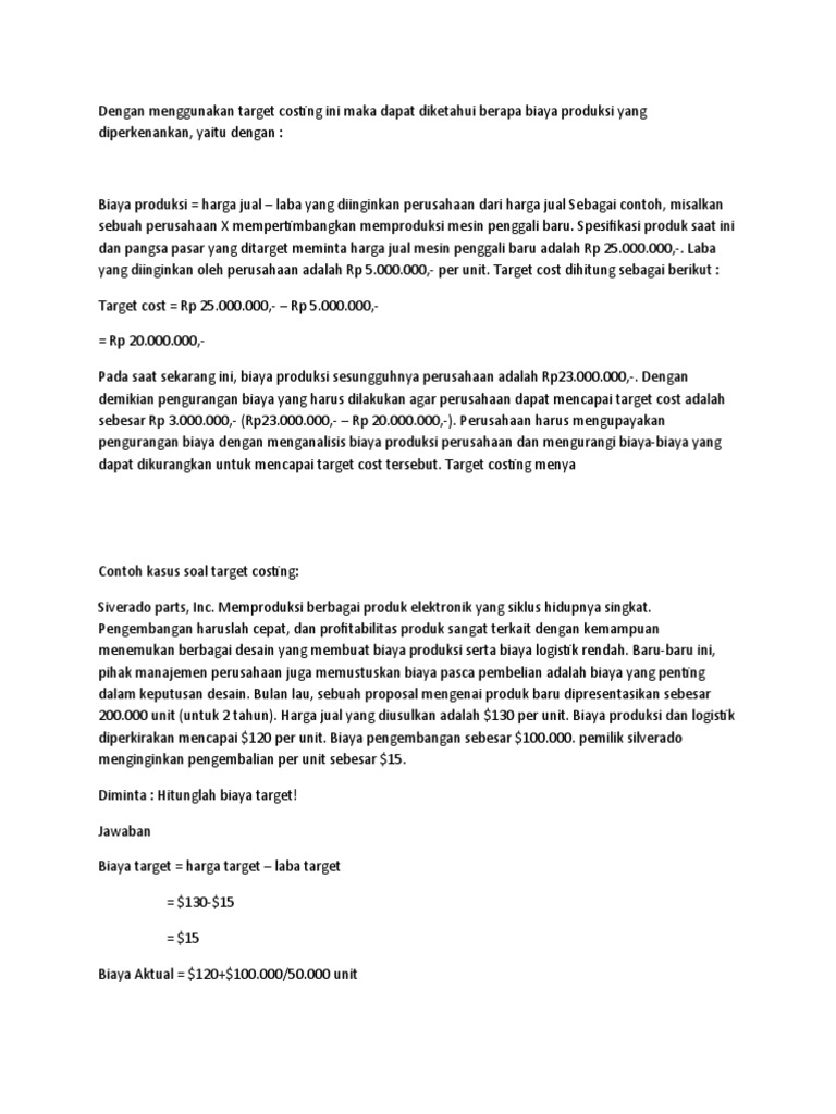 Contoh Soal Target Cost