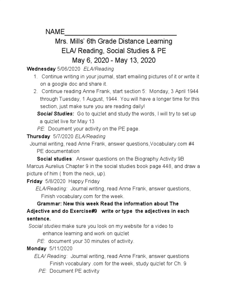 Distance Learning Plans 5 6 To 5 13 | PDF