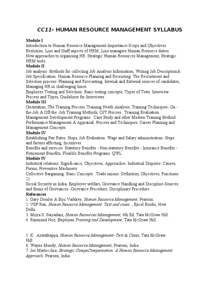 CC11 Human Resource Management Syllabus | PDF