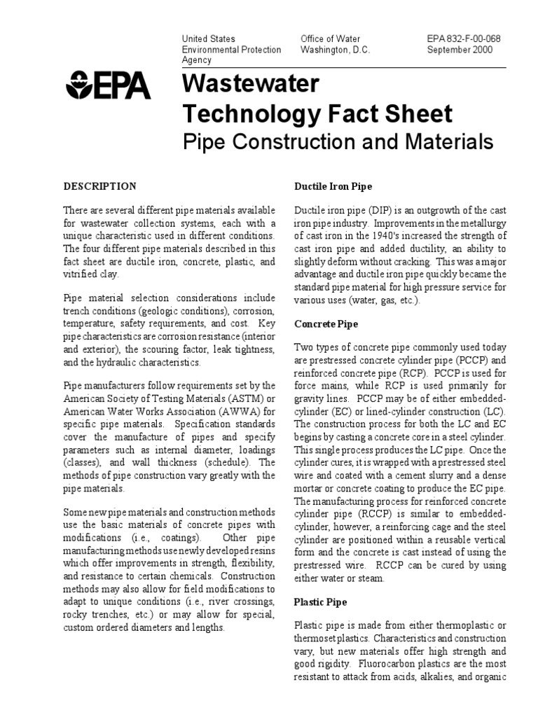 Wastewater Technology Fact Sheet: Pipe Construction and Materials | PDF ...