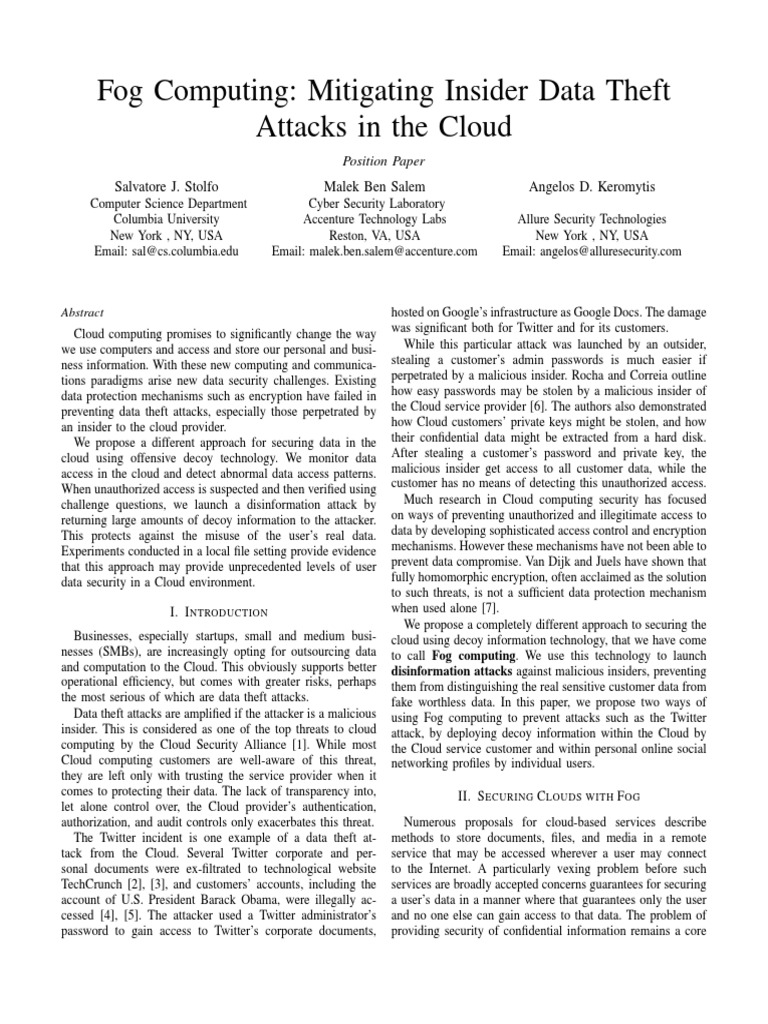 Fog Computing: Mitigating Insider Data Theft Attacks in The Cloud | PDF ...