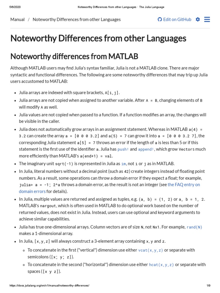 Key Differences: Julia vs MATLAB | PDF | C (Programming Language ...