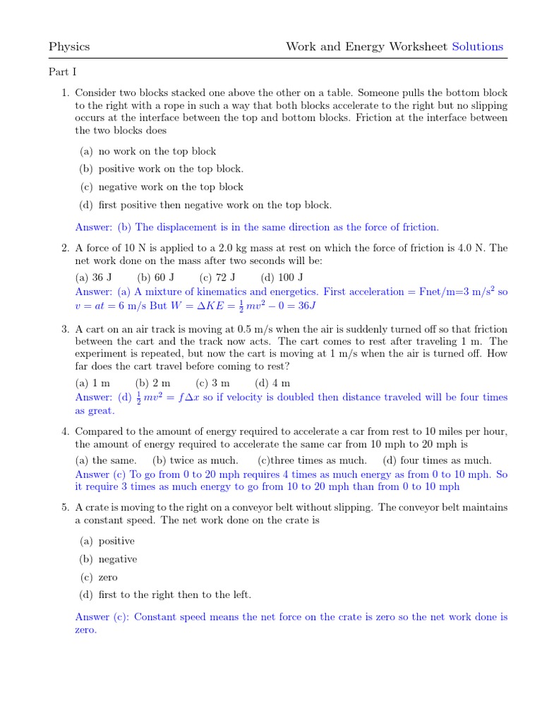 Work and Energy Worksheet Solutions | PDF | Force | Friction