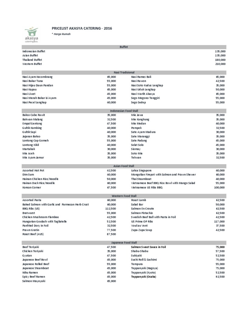 Akasya Catering 2016 Pricelist Featuring An Extensive Selection Of