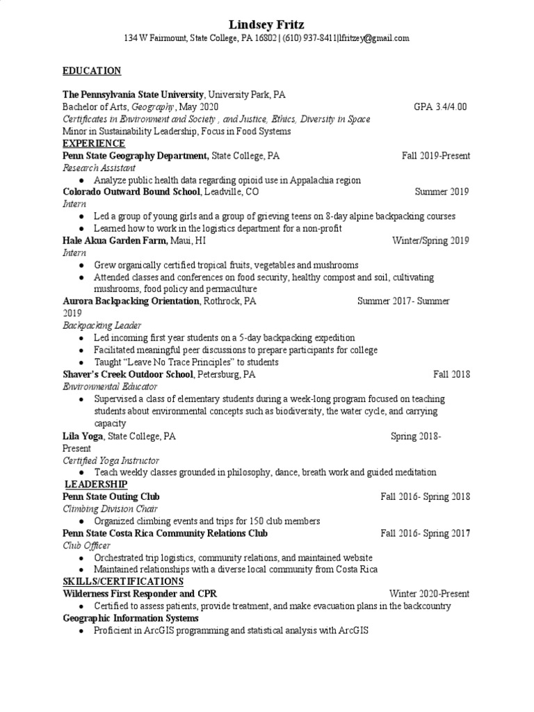 Lindsey Fritz: Geography Graduate Resume | PDF | Wellness