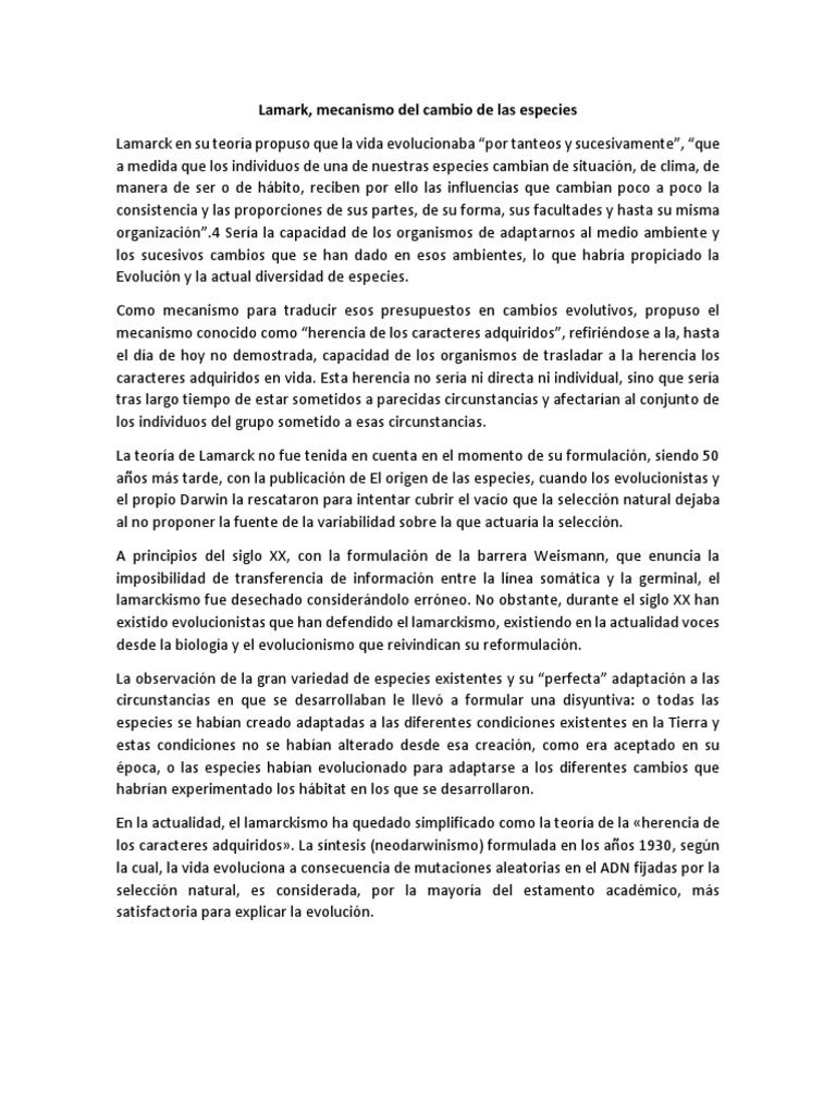 Lamark Mecanismo Del Cambio de Las Especies | PDF | Conceptos e ...