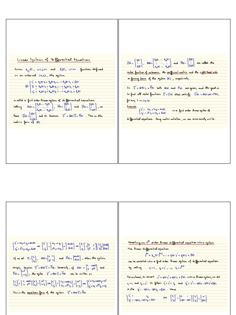 Linear Systems of Differential Equations Notes PDF Functions And