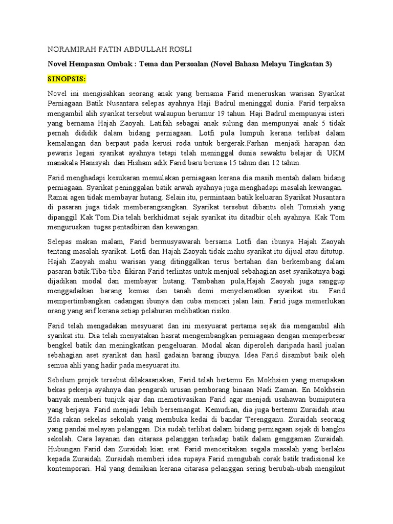 Novel Hempasan Ombak Tema Dan Persoalan Novel Bahasa Melayu Tingkatan 3 Sinopsis