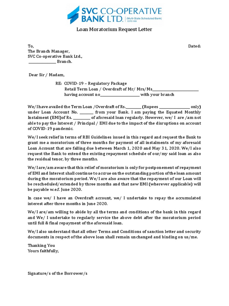 Loan Moratorium Request Letter To Banks PDF