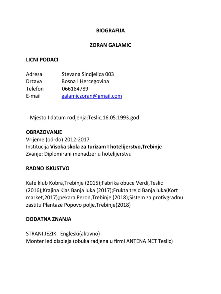 Biografija Zoran Galamic Licni Podaci | PDF