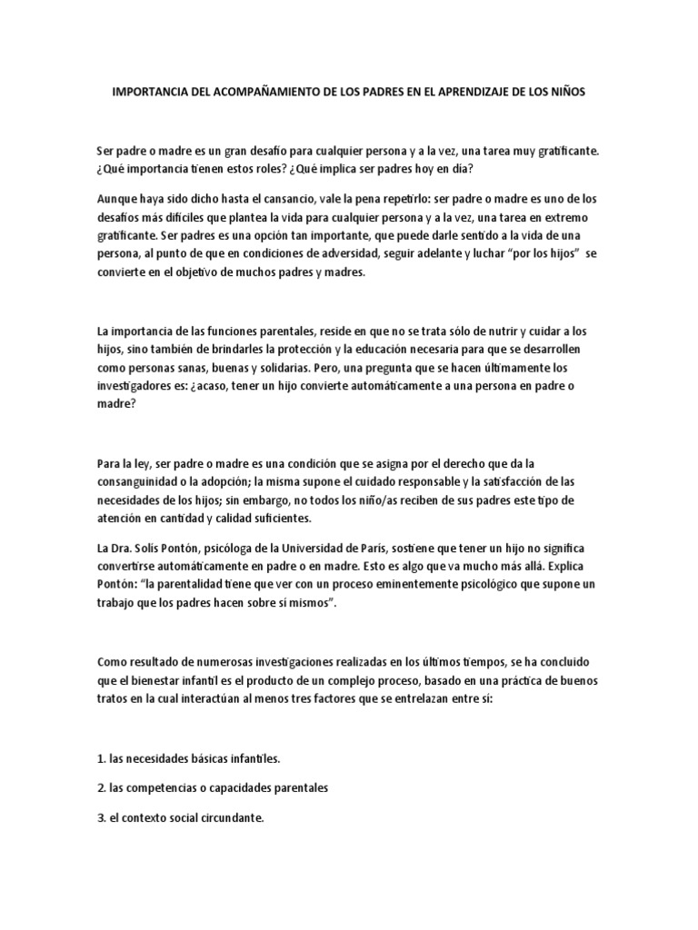 Importancia Del Acompañamiento de Los Padres en El Aprendizaje de Los ...