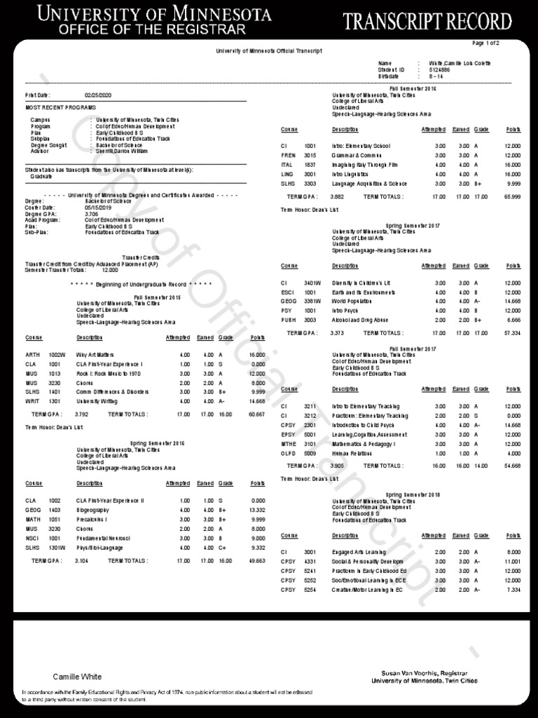 University of Minnesota Transcript Summary | PDF | Course Credit ...