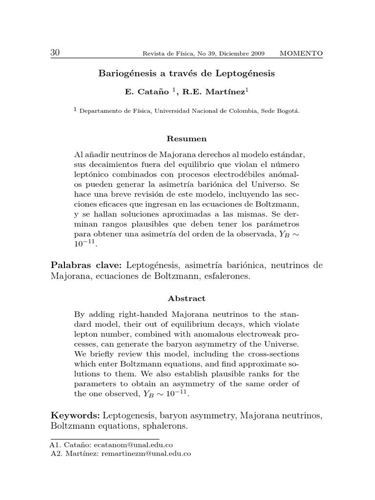 Bariogénesis mediante Leptogénesis | PDF | Modelo estandar | Universo