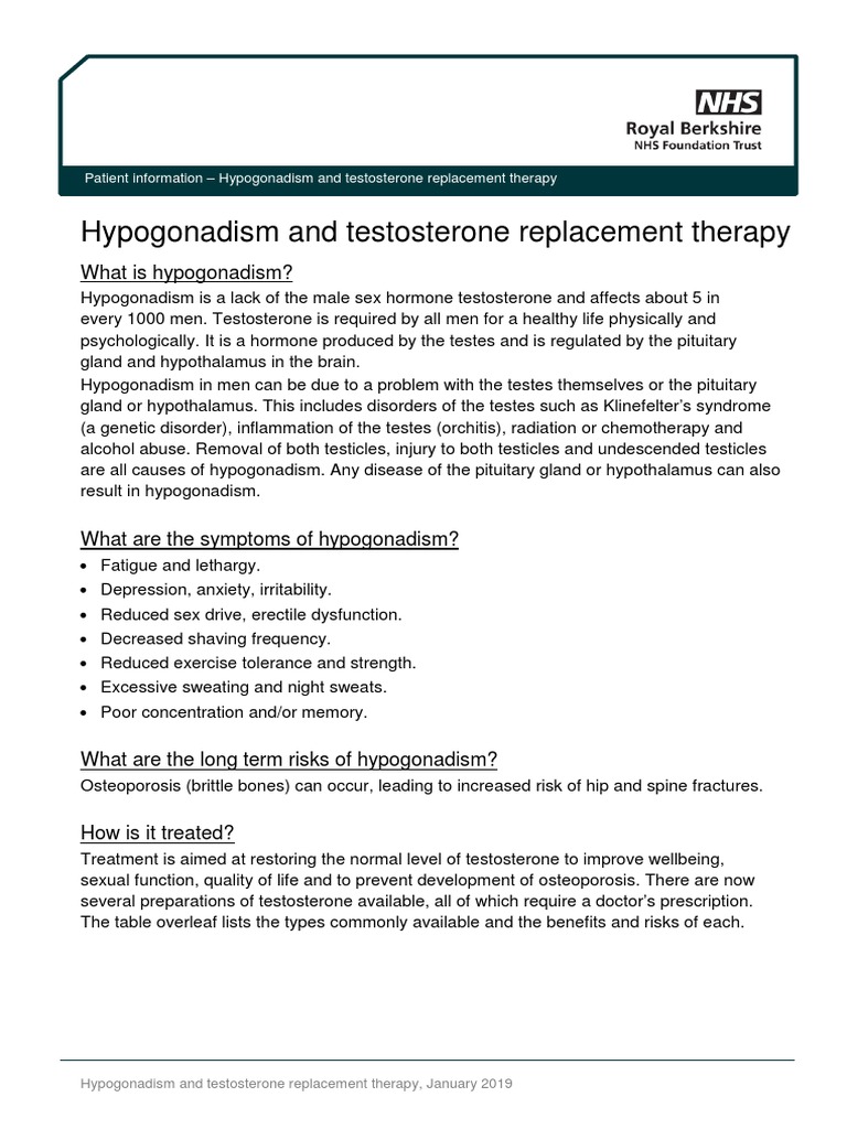 Hypogonadism Testosterone Replacement Therapy - Jan19 | PDF ...