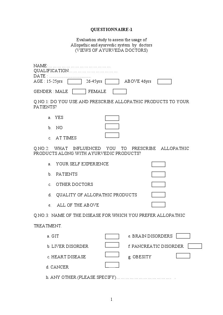 Questionnaire Ayurveda Medicine