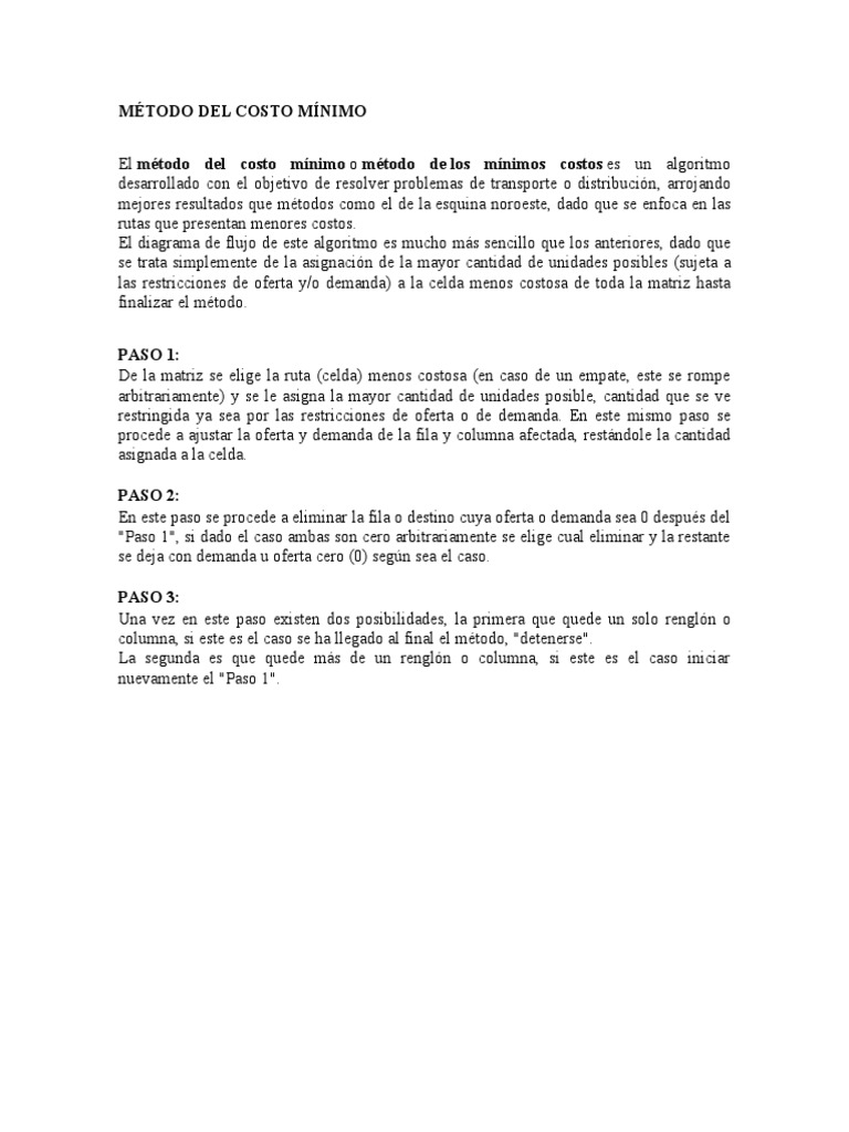 Método del Costo Mínimo en Transporte | PDF | Métodos y materiales de ...
