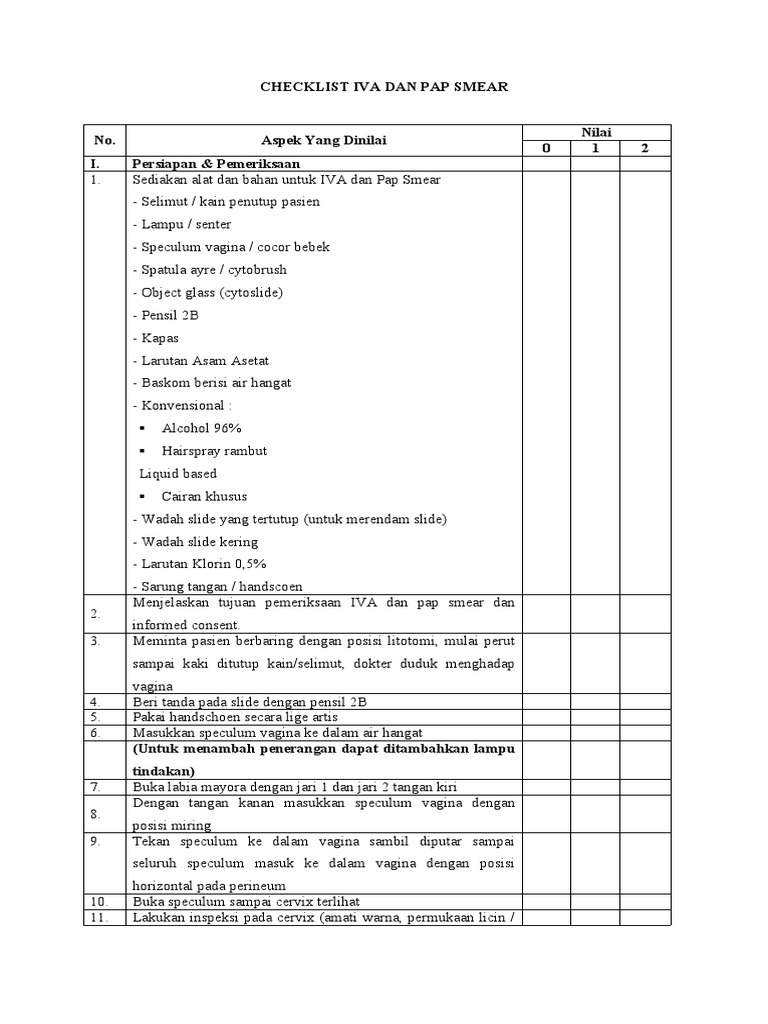 Checklist Pemeriksaan IVA Pap Smear | PDF