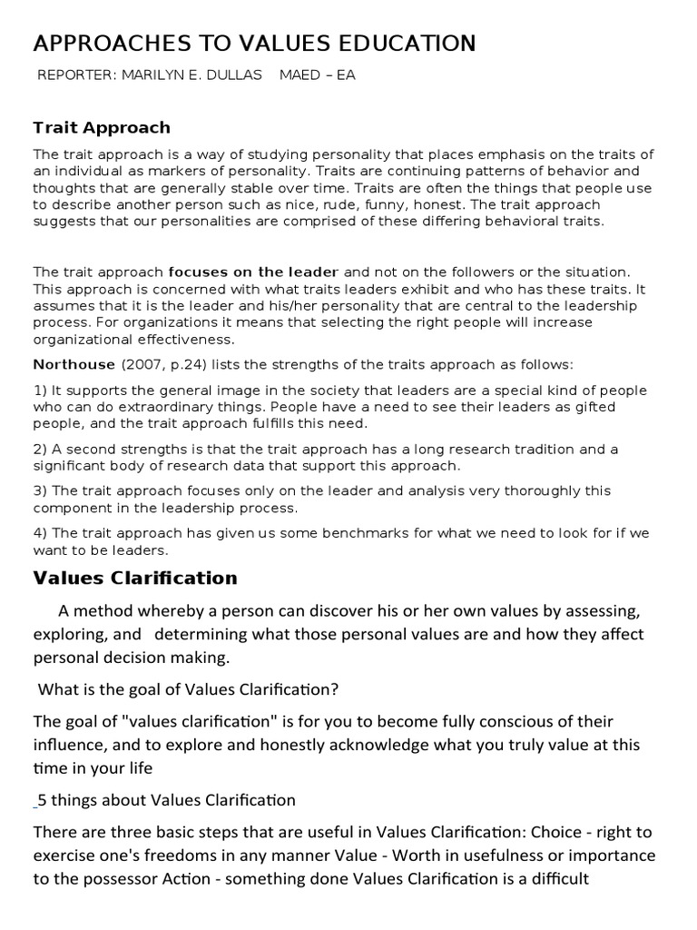Approaches To Values Education | PDF | Social Psychology | Leadership