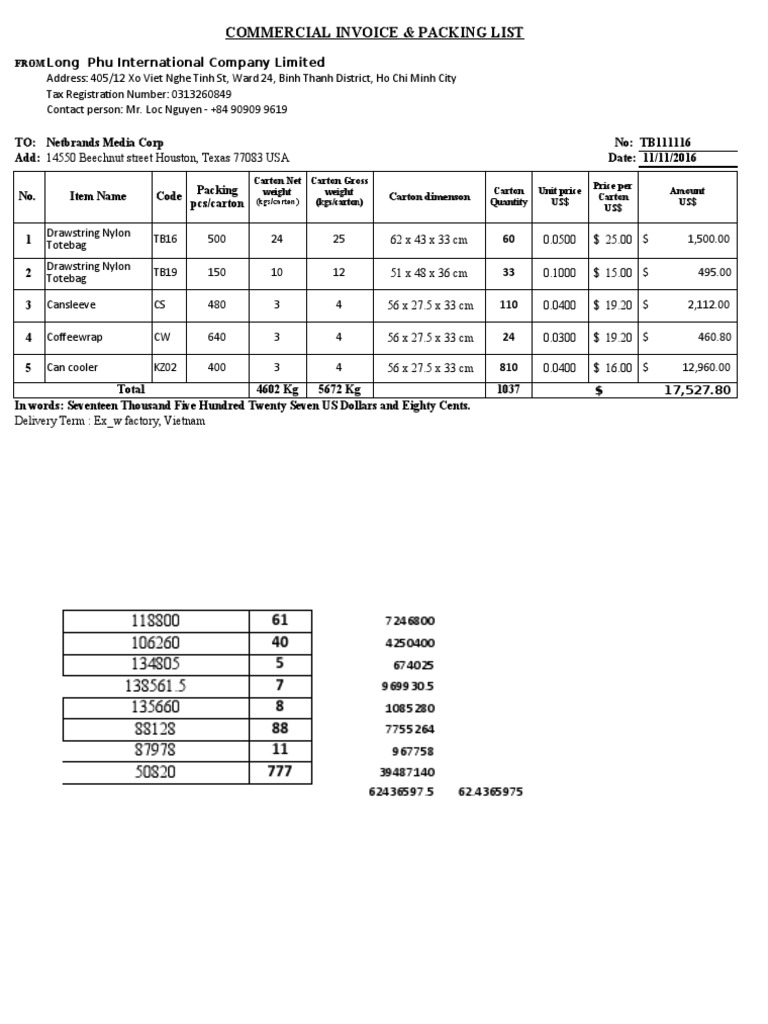 Commercial Invoice & Packing List: From | PDF | Military Of Vietnam ...