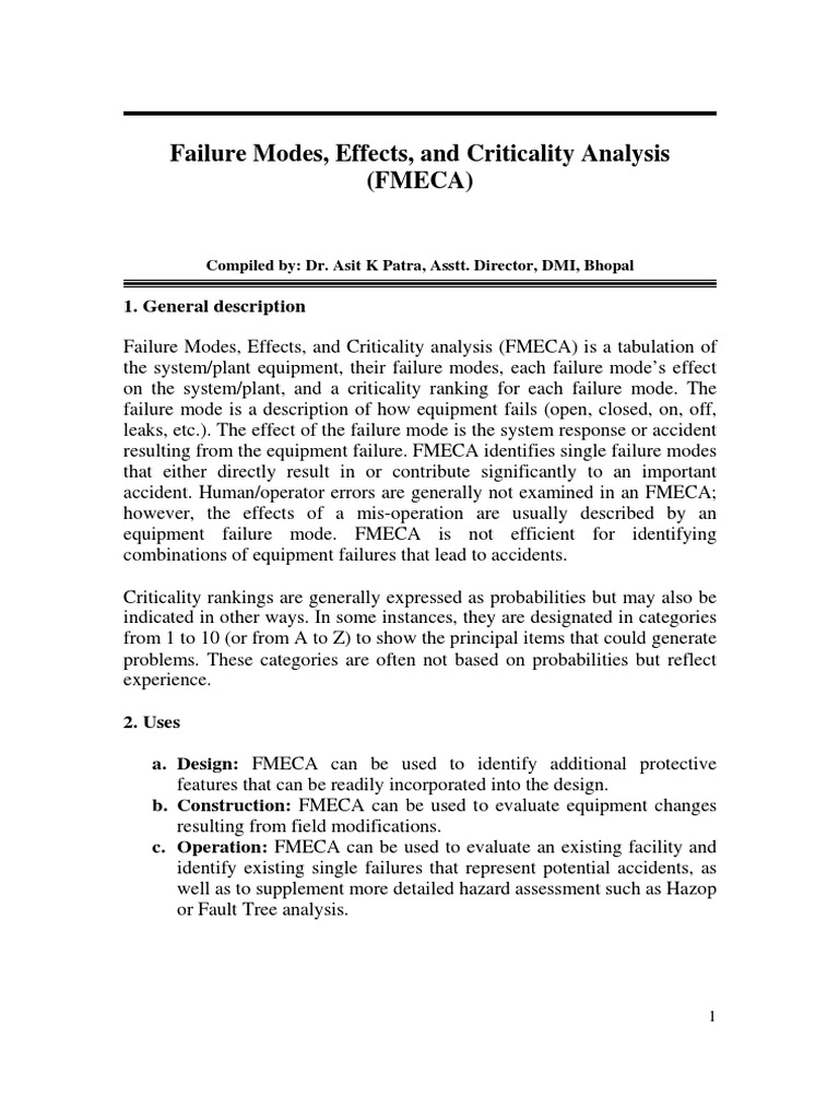 Failure Modes, Effects, and Criticality Analysis (Fmeca) : 1. General ...