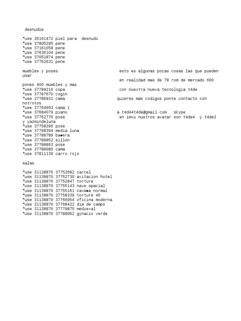 IMVU Codes for Avatars and Rooms | PDF