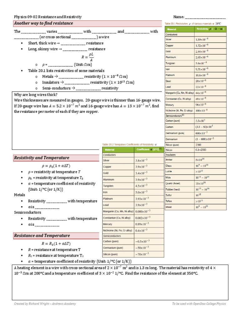 Physics 09-02 Resistance and Resistivity | PDF | Electrical Resistivity ...