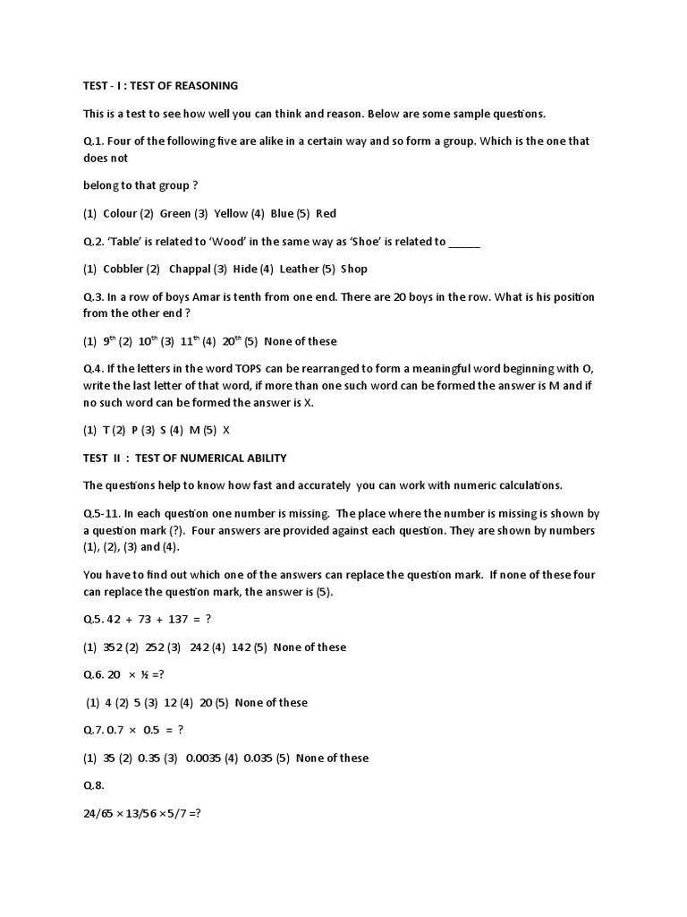 Reasoning and Numerical Ability Test | PDF | English Language ...