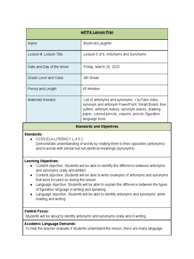 Edtpa Lesson Plan | PDF | Vocabulary | Teachers