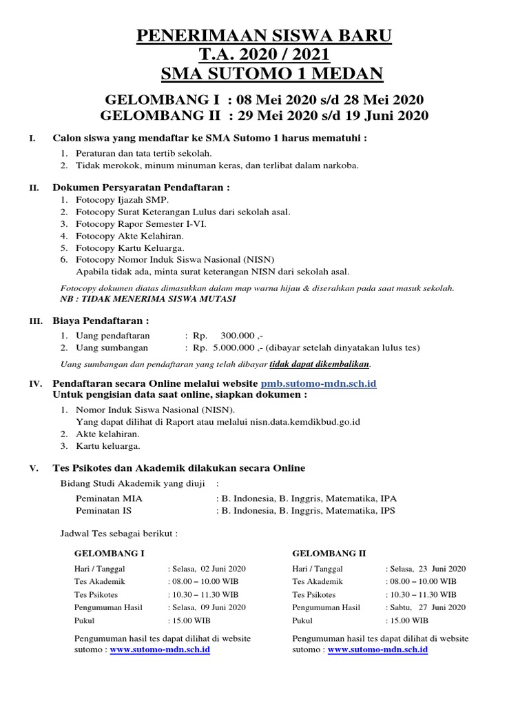 Penerimaan Murid Baru 2020-2021 SMA Sutomo 1 | PDF