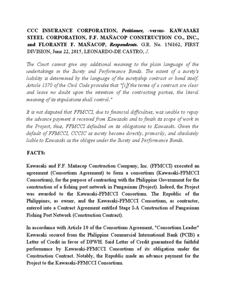 CCCIC Liability in Surety Bonds Case | PDF | Surety | Guarantee
