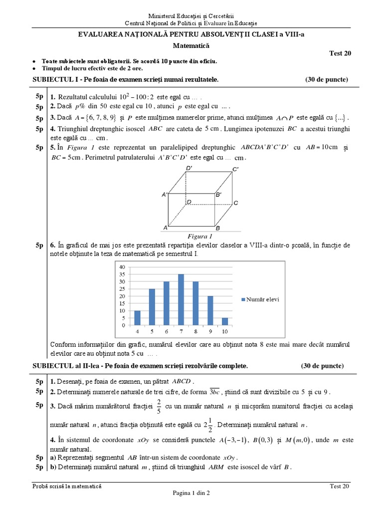 ENVIII Matematica 2020 Test 20 | PDF