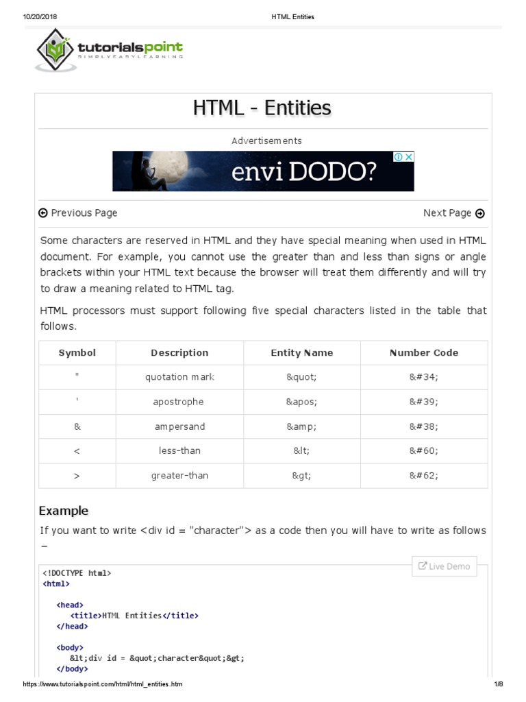 HTML Entities Advertisements PDF Quotation Mark Html