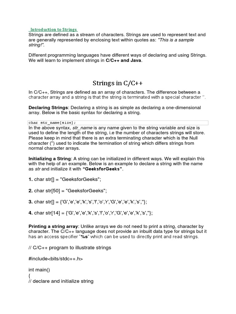 An In-Depth Guide to Strings in C/C++, Java, and C++ | PDF | Notation ...