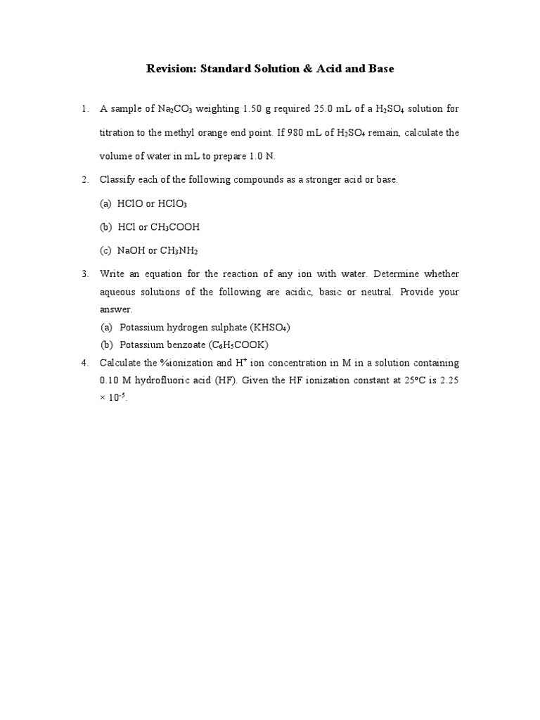 Standard Solutions, Acid-Base Calculations, and Ionization Reactions ...